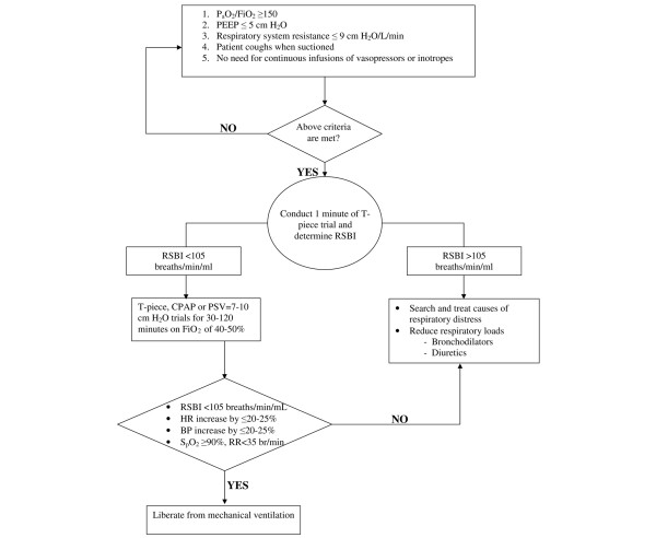 Flowchart algorithm for liberation from mechanical ventilation showing readiness criteria, SBT method selection, pass-fail assessment, and extubation decision pathway