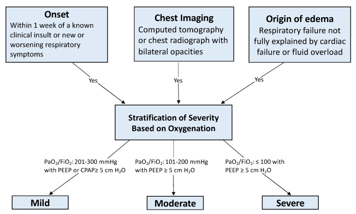 Berlin definition diagnostic criteria for ARDS showing the relationship between oxygenation parameters and oxygen delivery in critical care