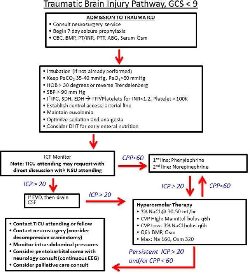 Stepwise management algorithm for severe traumatic brain injury showing tiered interventions from basic measures through osmotherapy to decompressive craniectomy
