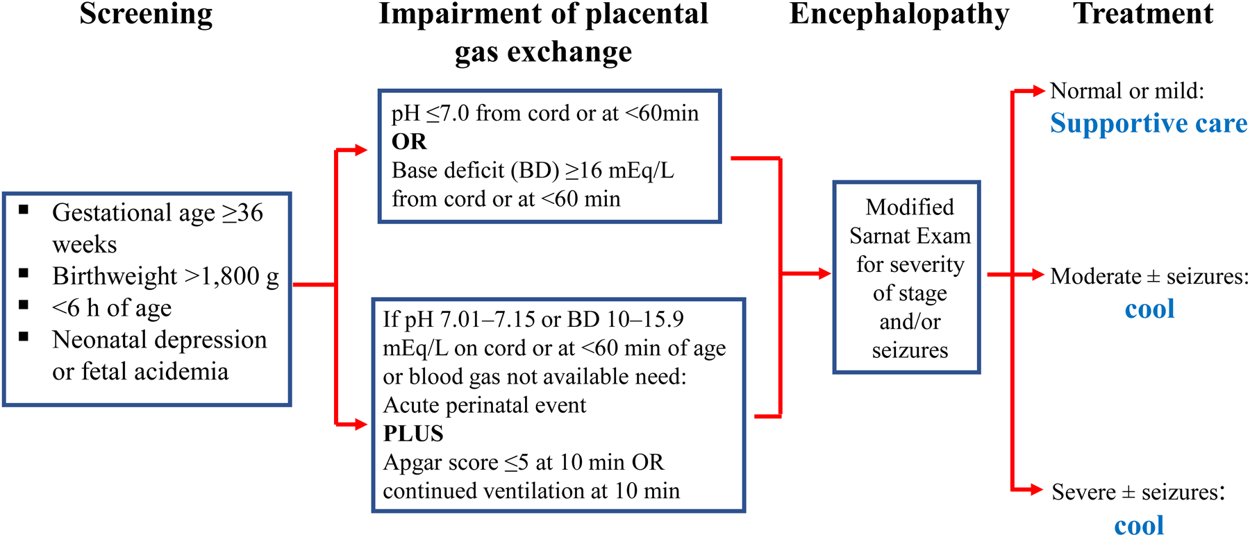 Flowchart showing inclusion criteria for the NICHD whole body cooling trial with stepwise evaluation of biochemical and clinical markers