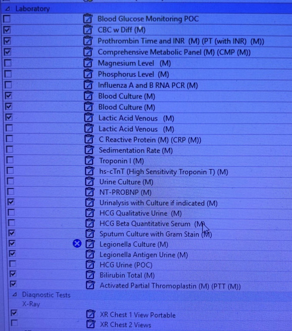 Sepsis order set template showing SEP-1 bundle components for CMS quality compliance