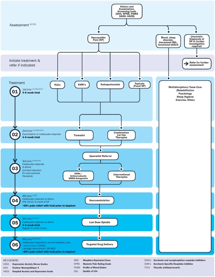 Evidence-based neuropathic pain treatment algorithm showing first-line through fourth-line therapies