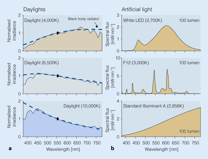Spectral power distributions comparing daylight at different color temperatures with artificial light sources including LED, fluorescent, and incandescent lighting, showing relative blue light content affecting circadian rhythm