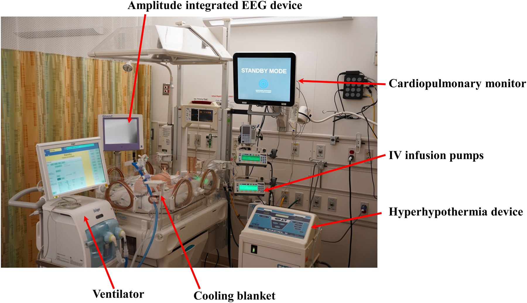 Therapeutic hypothermia equipment setup showing neonate on cooling blanket with monitoring devices for brain electrical activity, pulmonary and cardiovascular function