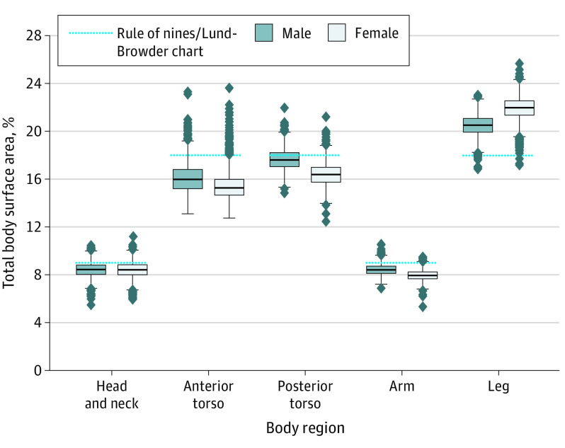 Body surface area estimation diagram comparing the Rule of Nines method and modern computational approaches for calculating burn extent across different body regions