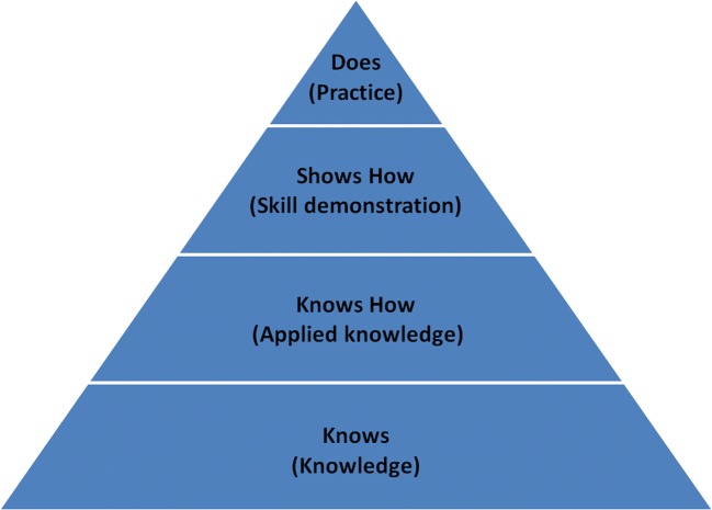 Miller's pyramid of clinical competence showing progression from knowledge to performance