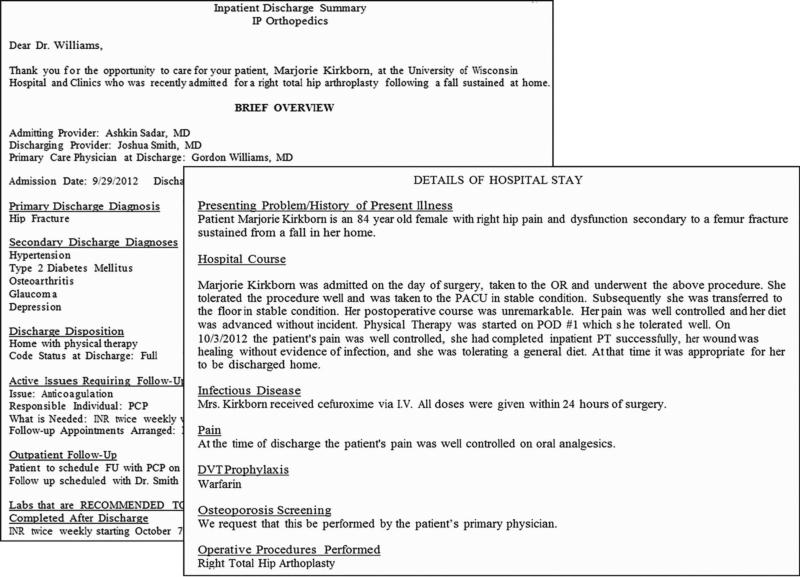 Example of a standardized discharge summary generated using an EHR template