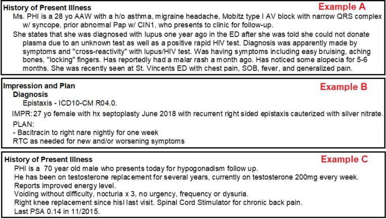 Examples of different clinical note formats and their structural components