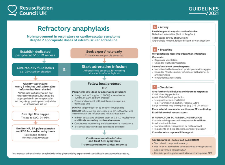 Treatment algorithm for refractory anaphylaxis including vasopressor infusions, glucagon, and consideration of extracorporeal support