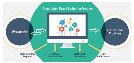 Overview diagram of Prescription Drug Monitoring Program structure and data flow