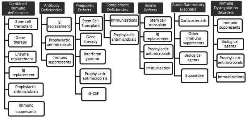 Overview of therapeutic approaches for primary immunodeficiency diseases including immunoglobulin replacement, HSCT, and gene therapy