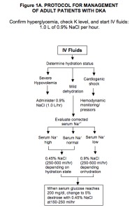DKA fluid replacement protocol flowchart showing initial normal saline bolus followed by rate adjustments based on corrected sodium