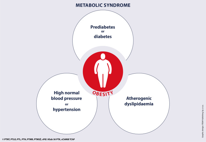 Diagram showing the main conditions comprising metabolic syndrome including central obesity, hypertension, dyslipidemia, and hyperglycemia