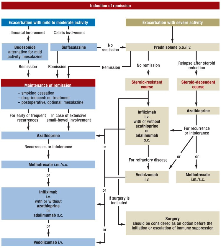 Treatment algorithm for Crohn disease showing step-up approach from aminosalicylates through biologics and surgery