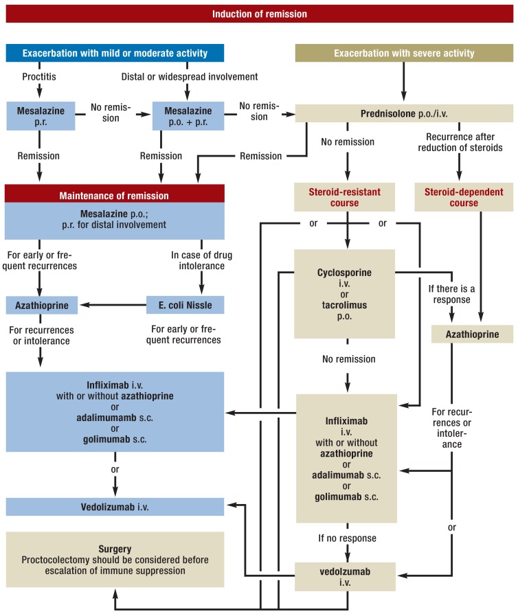 Treatment algorithm for ulcerative colitis showing management by disease severity from 5-ASA through biologics and colectomy