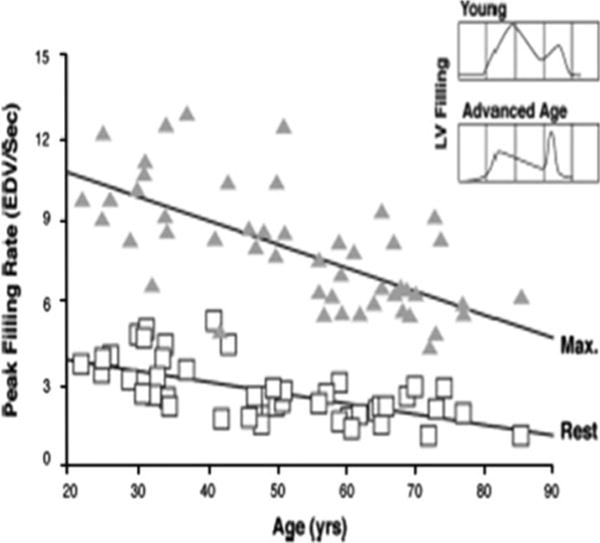Graph showing reduction in early left ventricular diastolic filling with age, with representative Doppler echocardiographic flow profiles