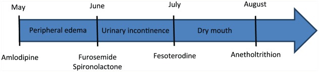 Flowchart showing the prescribing cascade in an elderly patient, where adverse drug effects are misinterpreted as new conditions leading to additional prescriptions