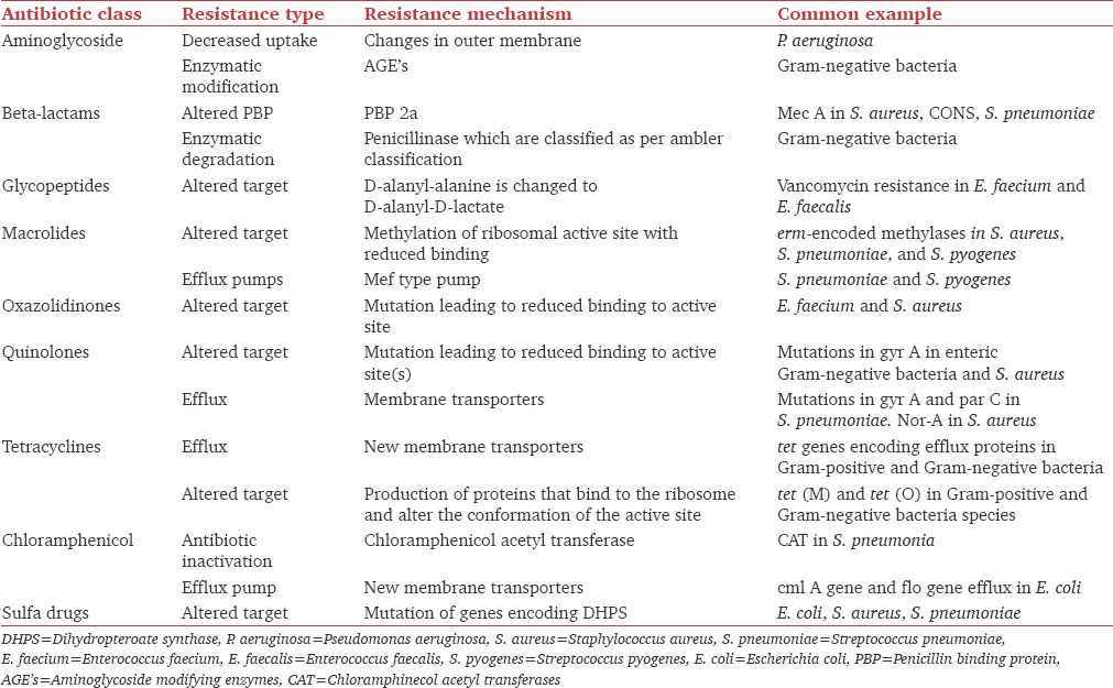 Comprehensive table of resistance mechanisms for individual antibiotic classes