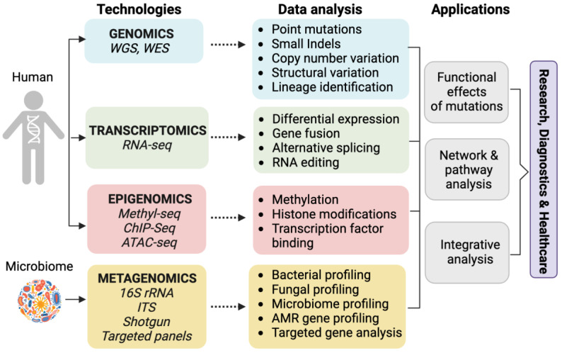 Diagram showing various clinical applications of next-generation sequencing including whole exome, whole genome, gene panels, and RNA sequencing