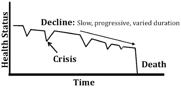 Typical heart failure disease trajectory showing episodic decline pattern