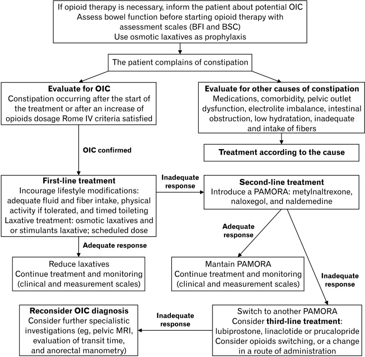 Treatment algorithm for opioid-induced constipation management showing stepwise approach from laxatives to PAMORAs