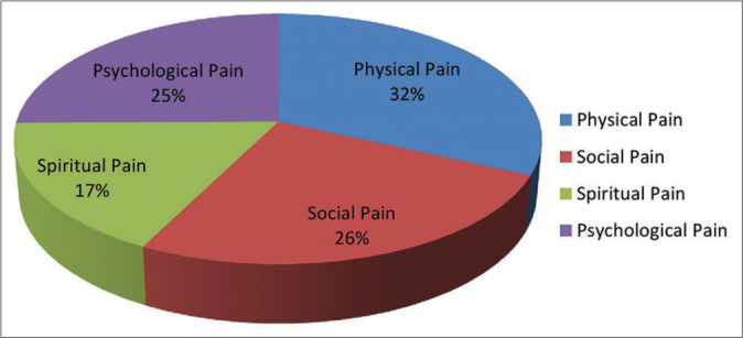 Distribution of total pain components in cancer patients showing physical, social, psychological, and spiritual contributions