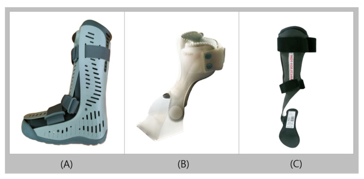 Conventional ankle-foot orthosis types including walking boot, UD-Flex, and carbon fiber AFO designs