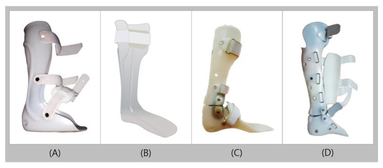 Four types of plastic ankle-foot orthoses: solid AFO, posterior leaf spring, hinged AFO, and patellar tendon bearing AFO
