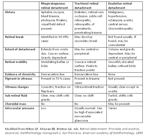 Diagram comparing the three types of retinal detachment: rhegmatogenous, tractional, and exudative