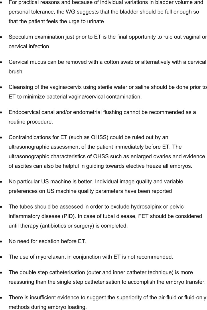 Embryo transfer procedure recommendations showing catheter placement, ultrasound guidance, and optimal deposition site