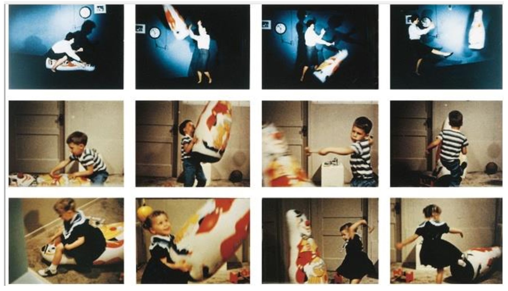 Photographs from Bandura's 1961 Bobo doll experiment showing children imitating aggressive behavior observed in adult models