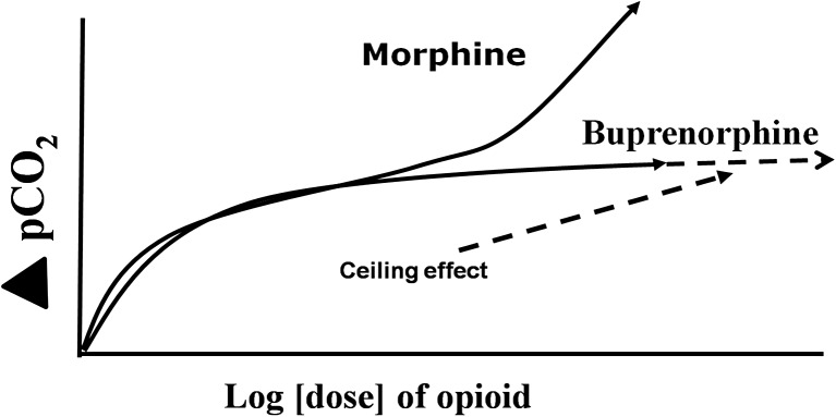 Dose-response curve comparing buprenorphine partial agonist to morphine full agonist