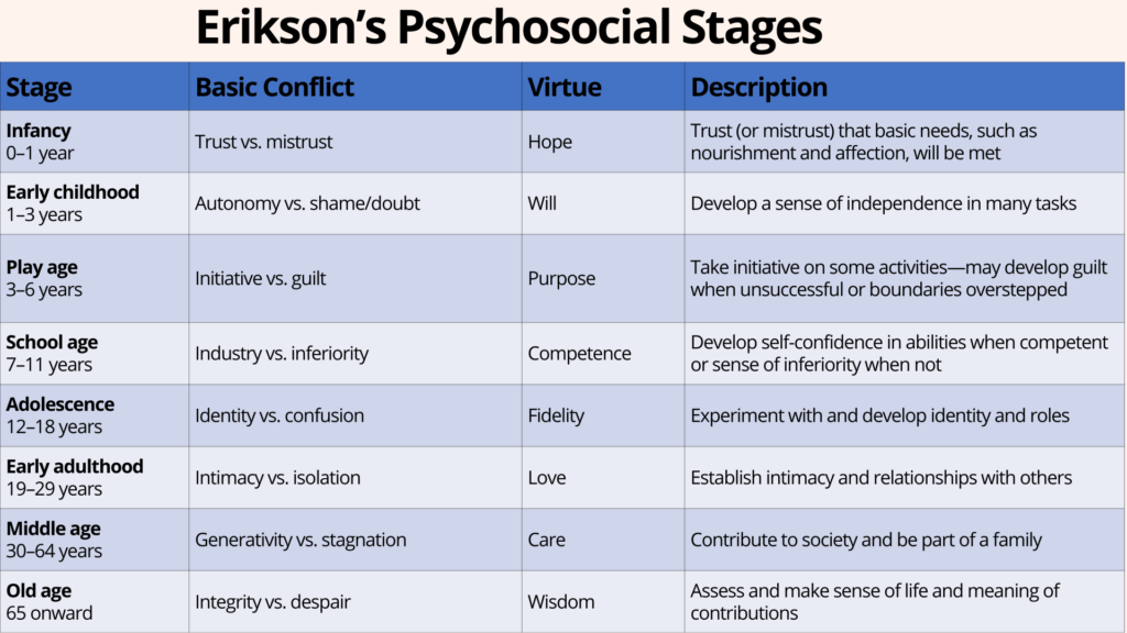 Erikson's eight psychosocial stages from trust vs. mistrust in infancy through integrity vs. despair in old age