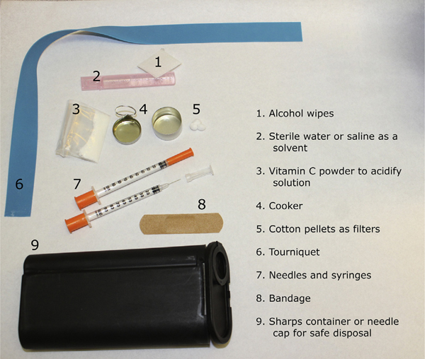 Harm reduction equipment and supplies including naloxone kits and fentanyl test strips