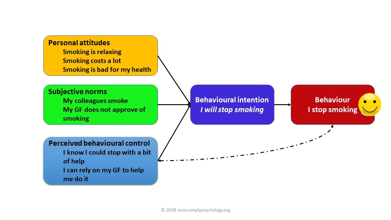 Theory of Planned Behavior model showing attitude, subjective norms, and perceived behavioral control leading to behavioral intention and behavior