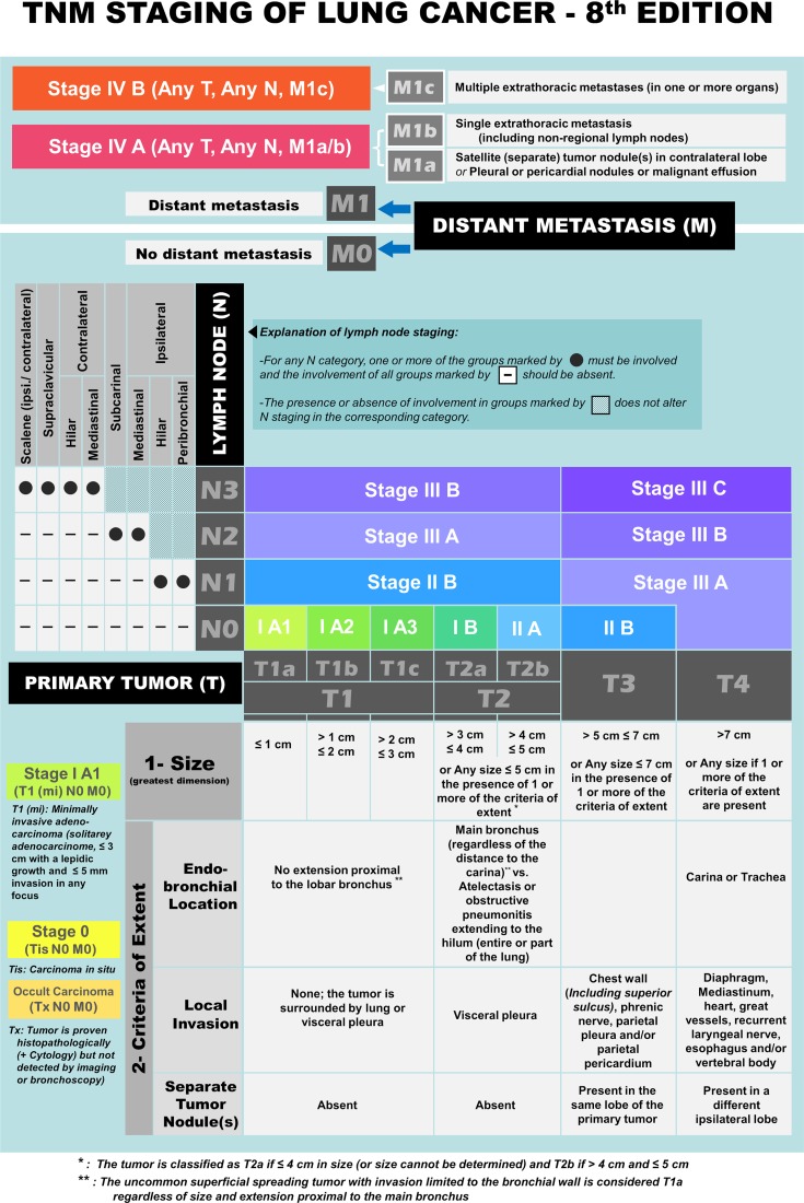 Reference chart for the eighth edition TNM staging of lung cancer showing T, N, and M descriptors with stage groupings