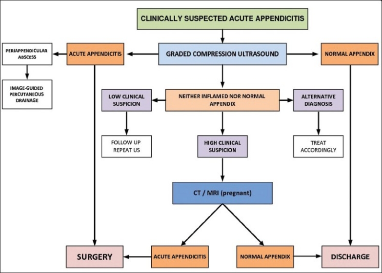 Diagnostic imaging algorithm flowchart for acute appendicitis evaluation strategy