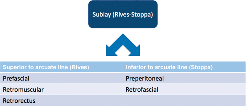 Diagram showing the anatomical nomenclature for retromuscular sublay mesh placement above and below the arcuate line