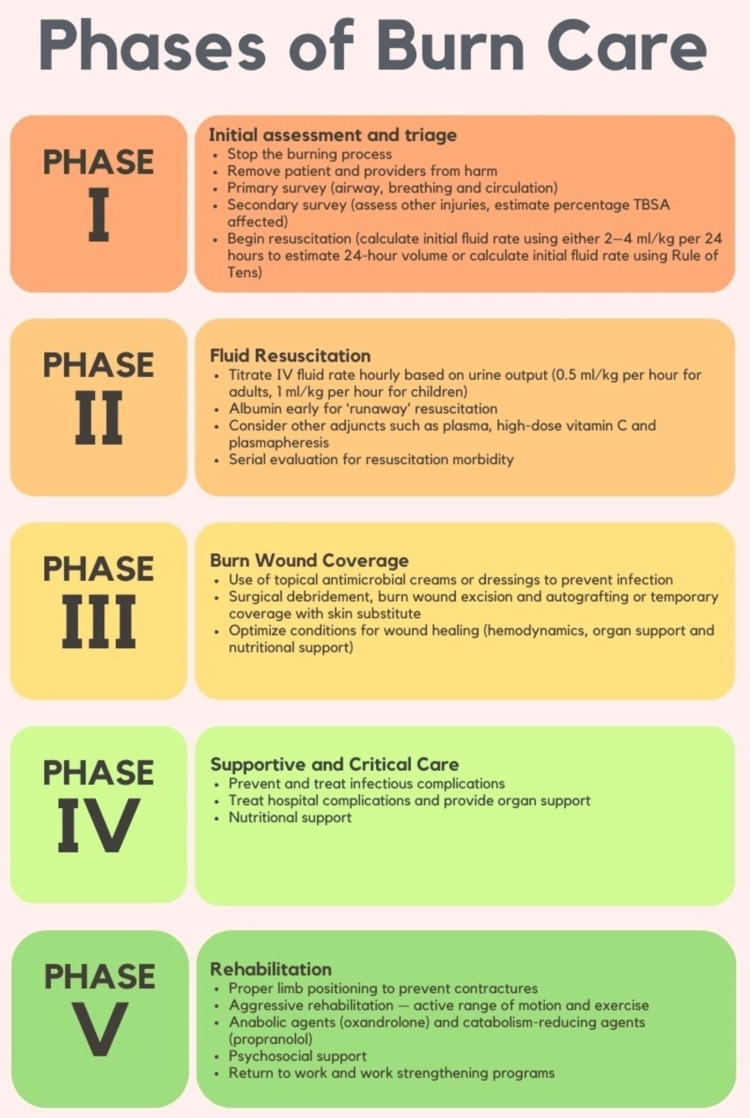 Phases of burn care from acute resuscitation through wound management to rehabilitation