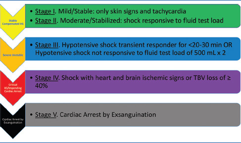Physiological classification of hemorrhagic shock showing parameters for Classes I through IV